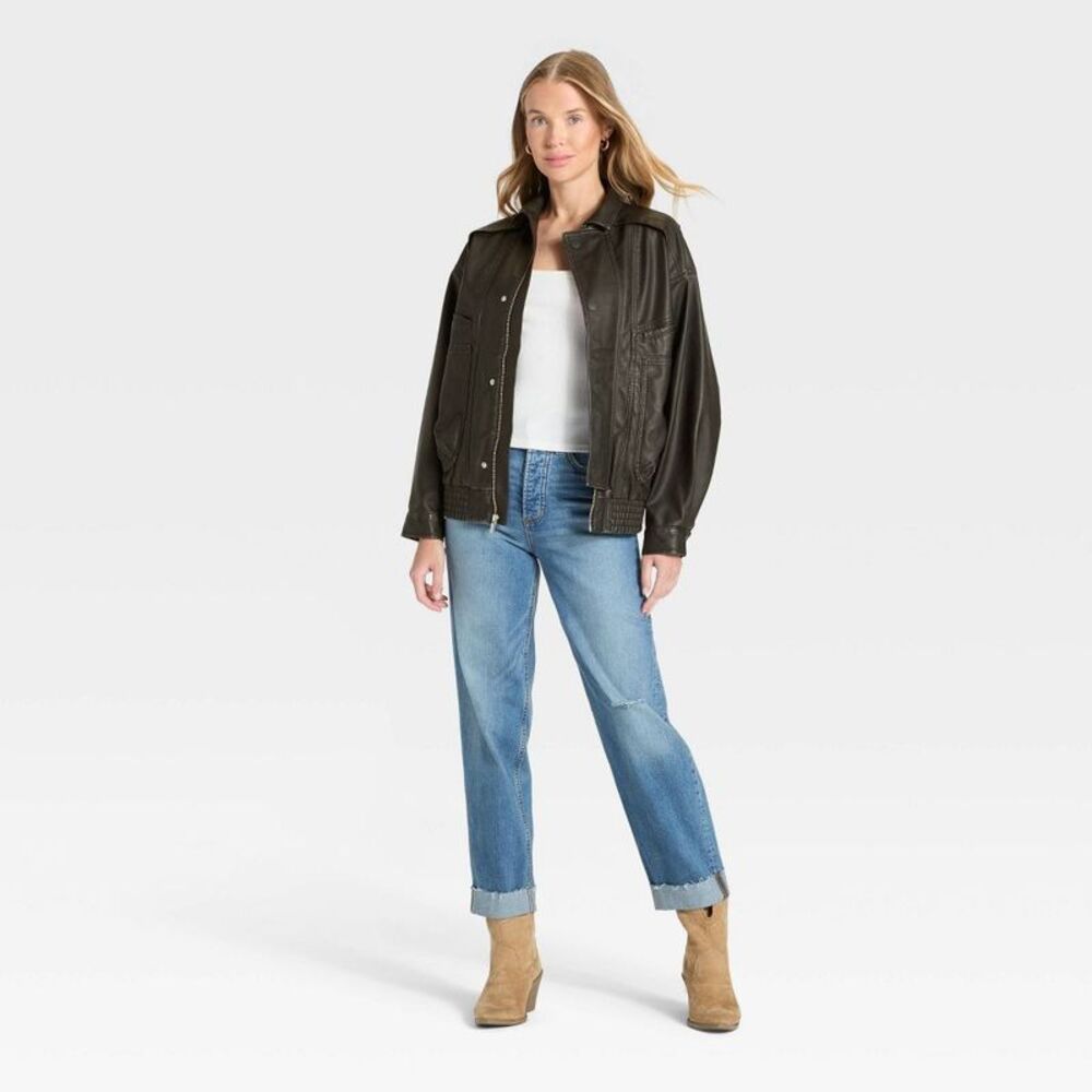 Women's Relaxed Faux Leather Bomber Jacket - Universal Thread Black XS - Picture 3 of 4